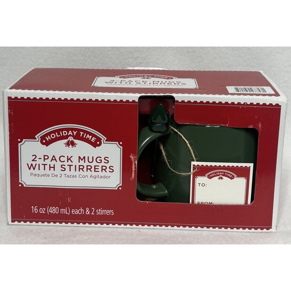 Holiday Time 2 pack Coffee Tea Mugs With Stirrers 16 oz New Green 2021 Shortage